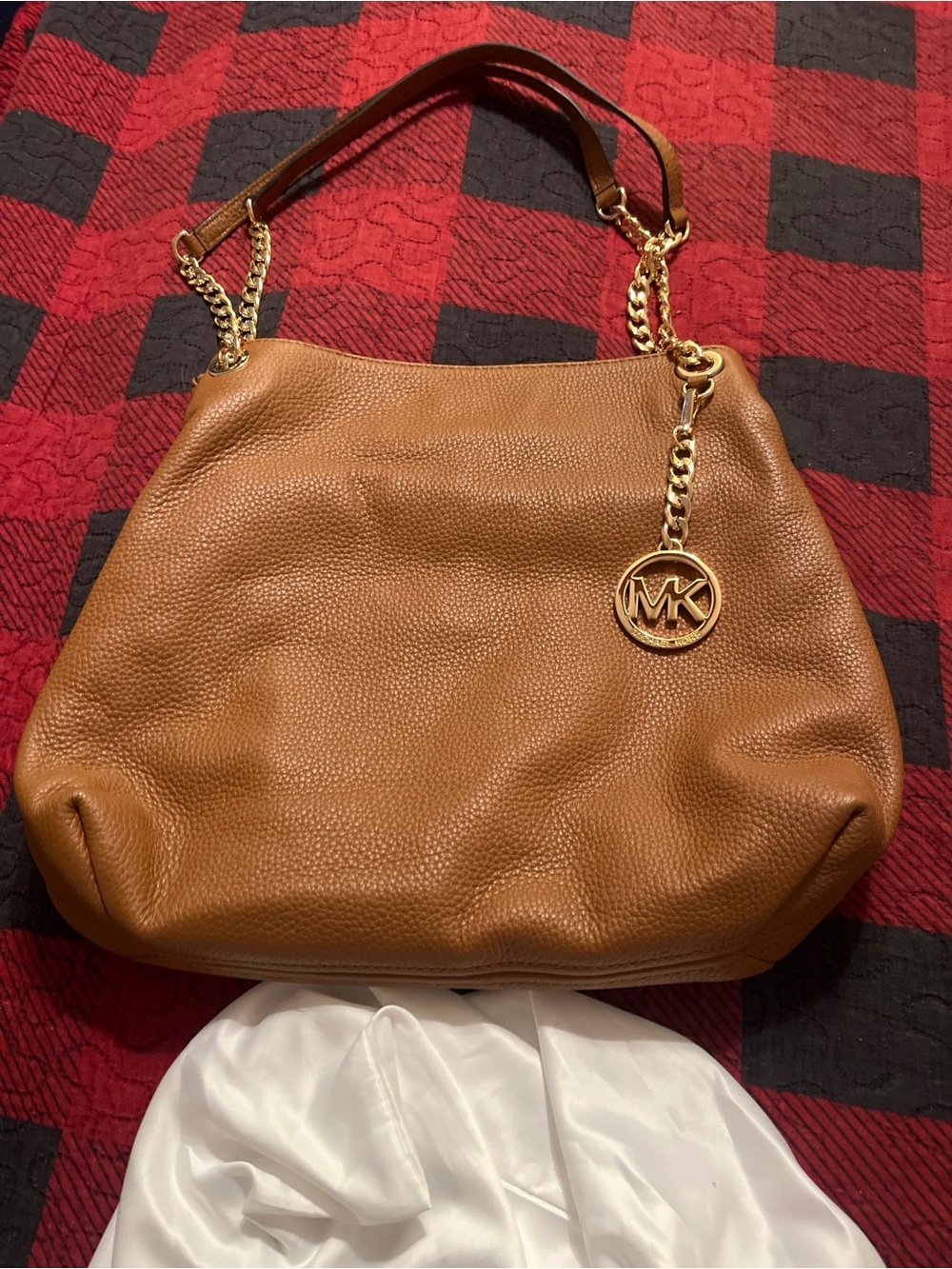 Michael Kors Cognac Pebbled Leather Shoulder Bag with Gold MK Charm